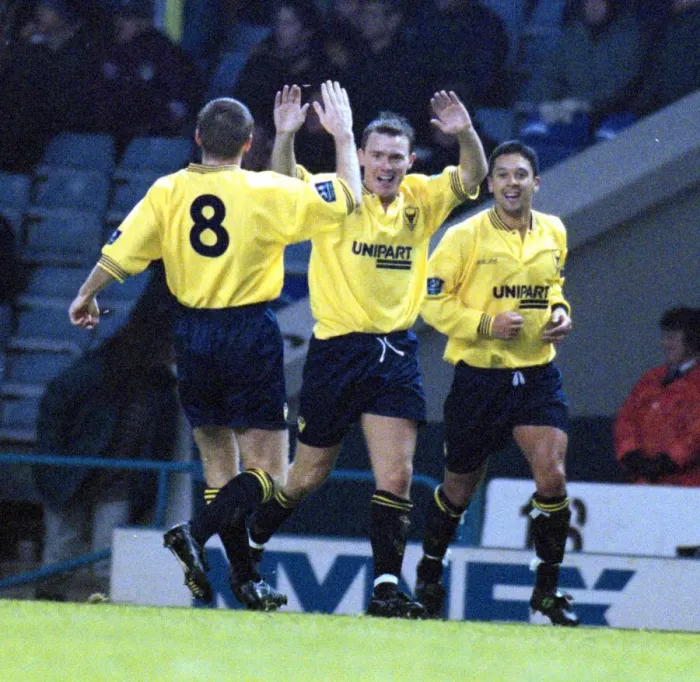 Framed Print : Oxfords Joey Beauchamp celebrates his winning goal against Manchester City in Framed Print : Oxfords Joey Beauchamp celebrates his winning goal against Manchester City in