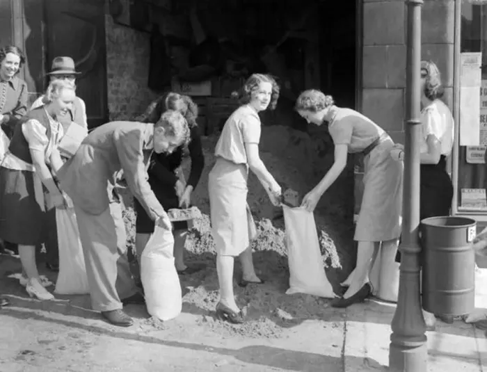 : Packing sandbags at the evacuation hospitals in Birmingham during world war two September : Packing sandbags at the evacuation hospitals in Birmingham during world war two September