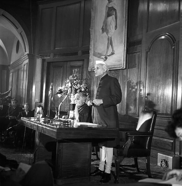 Pandit Jawaharlal Nehru at his press conference held at India House during his visit to