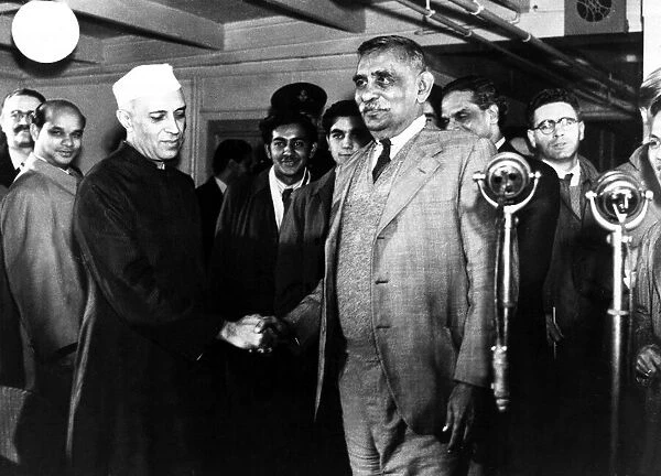 Pandit Jawaharlal Nehru Prime Minister of India greets the Prime Minister of Ceylon