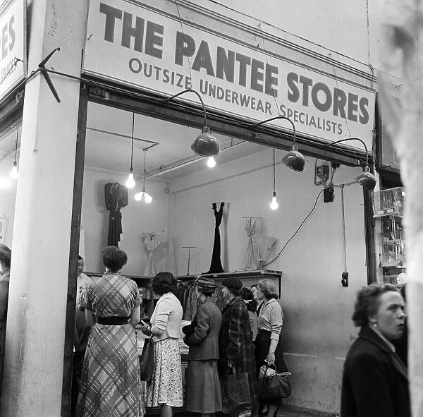 The Pantee Stores, outsize underwear specialists, Brixton Market, London. 1st June 1954