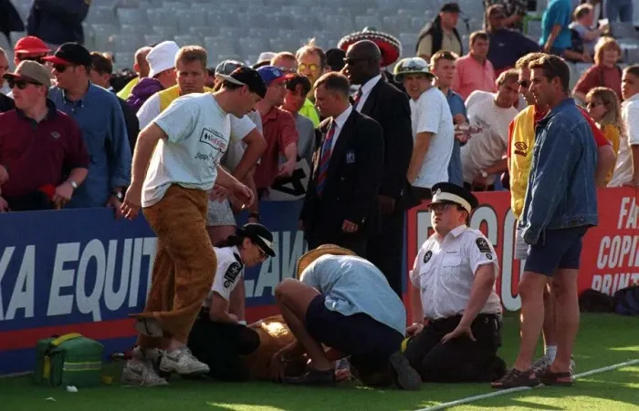 Framed Print : Pantomime cow after being tackled at Headingley July 1997 Medical Staff treat Brancha Framed Print : Pantomime cow after being tackled at Headingley July 1997 Medical Staff treat Brancha