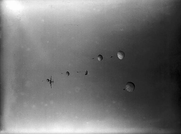 Parachutists during WW2 in descent. Circa 1942
