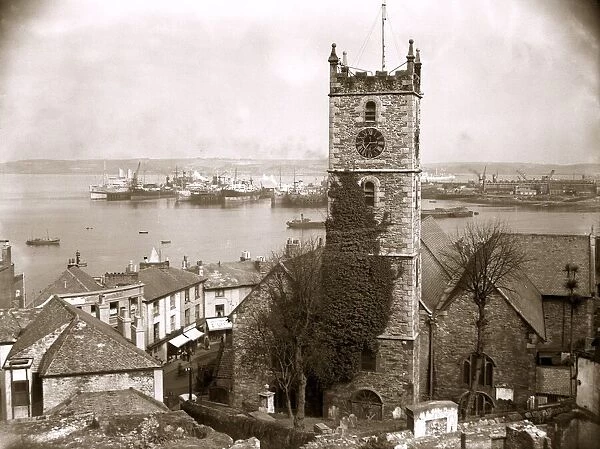 The parish church at Falmouth, Cornwall overlooking the busy harbour