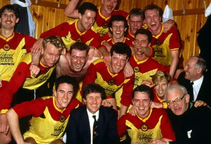 Framed Print : Partick Thistle celebrate victory in dressing room 1989 Framed Print : Partick Thistle celebrate victory in dressing room 1989
