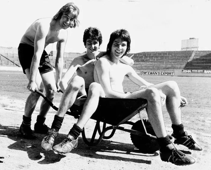Framed Print : Partick Thistle football players Rough Houston and Hansen playing with wheelbarrow Framed Print : Partick Thistle football players Rough Houston and Hansen playing with wheelbarrow