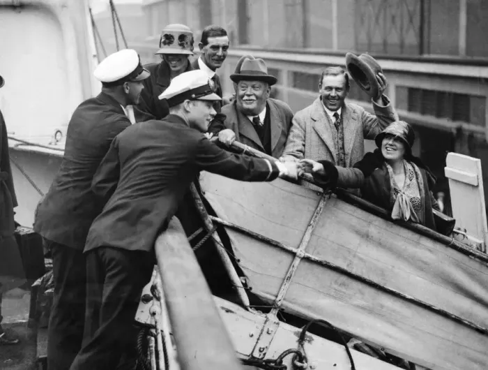 Framed Print : Five of the party of six Daily Mirror guests bidding goodbye to officers of the liner Framed Print : Five of the party of six Daily Mirror guests bidding goodbye to officers of the liner