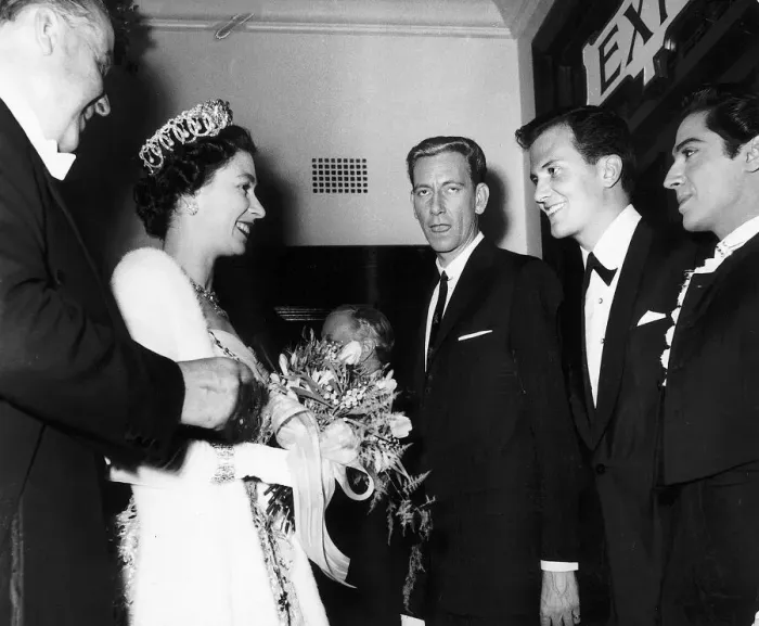 Framed Print : Pat Boone singer and actor with Ron Parry and Antonio the dancer meet the Queen Elizabeth