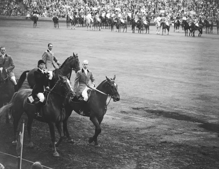 Framed Print : Pat Smythe and two other members of the British Team ride past the Royal box Framed Print : Pat Smythe and two other members of the British Team ride past the Royal box