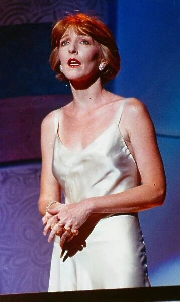 Patricia Hodge actress August 1991 Wearing white dress hands clasped