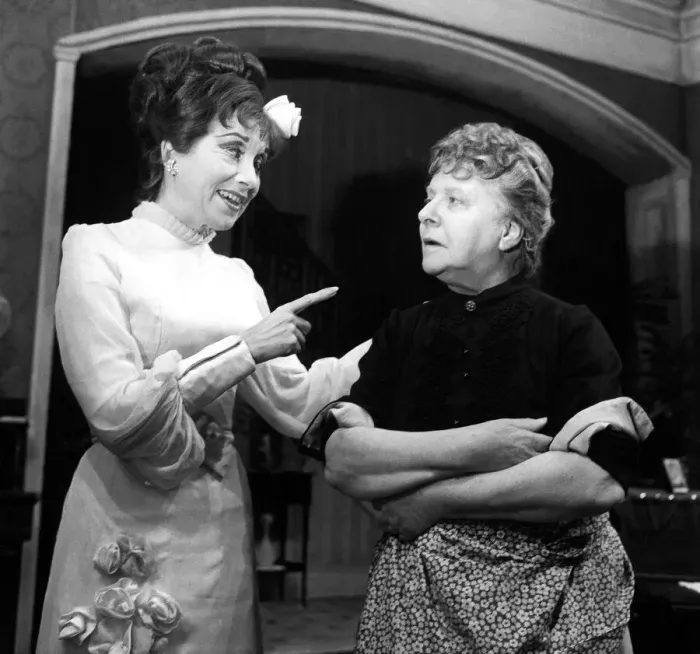 Framed Print : Patricia Kirkwood, left, and Irene Handl in a scene from A Chorus of Murder