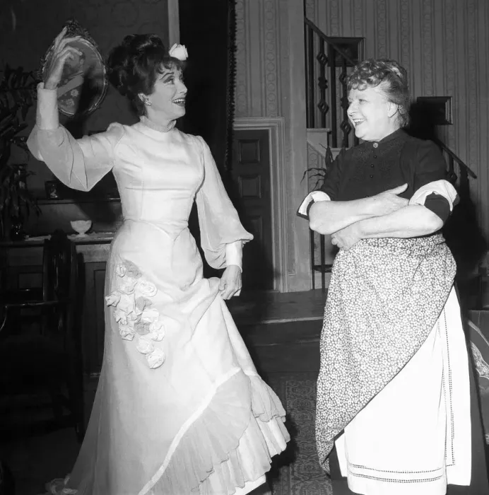 Framed Print : Patricia Kirkwood, left, and Irene Handl in a scene from A Chorus of Murder