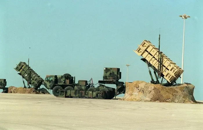 Framed Print : Patriot Missile Battery stands at thye ready close to the Dharan airbase during the Gulf
