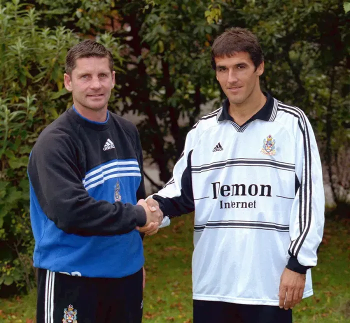 Framed Print : Paul Bracewell Fulham Manager with new player Karl Heinz Riedle September 1999 Framed Print : Paul Bracewell Fulham Manager with new player Karl Heinz Riedle September 1999