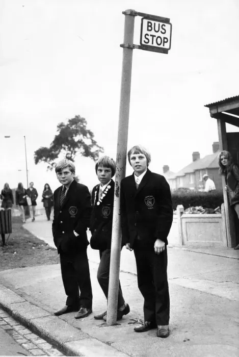 Framed Print : Paul Downey (left) with his friends Ian and Keith Van-Hoof waiting for a bus that never