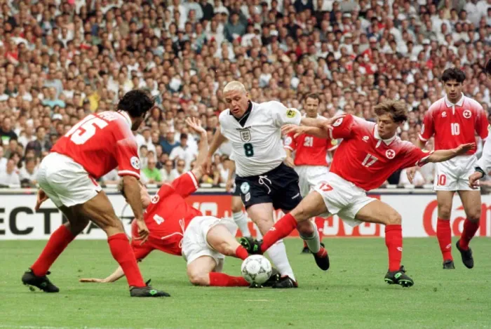 Framed Print : Paul Gascoigne in action for England against Switzerland during the opening game of
