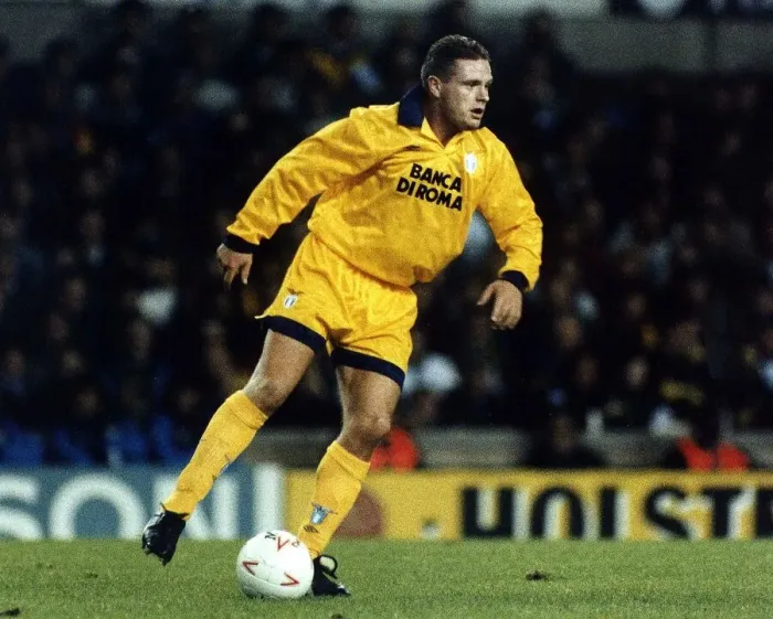 Framed Print : Paul Gascoigne in action for Lazio against his old club Tottenham Hotspur at White Hart Framed Print : Paul Gascoigne in action for Lazio against his old club Tottenham Hotspur at White Hart