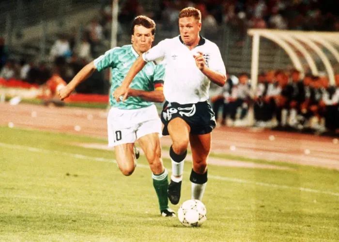 Framed Print : Paul Gascoigne battles with Lothar Matthaus in the game between England and Germany Framed Print : Paul Gascoigne battles with Lothar Matthaus in the game between England and Germany