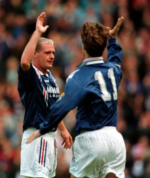 Framed Print : Paul Gascoigne celebrates goal with Brian Laudrup Rangers versus Aberdeen Scottish League Framed Print : Paul Gascoigne celebrates goal with Brian Laudrup Rangers versus Aberdeen Scottish League
