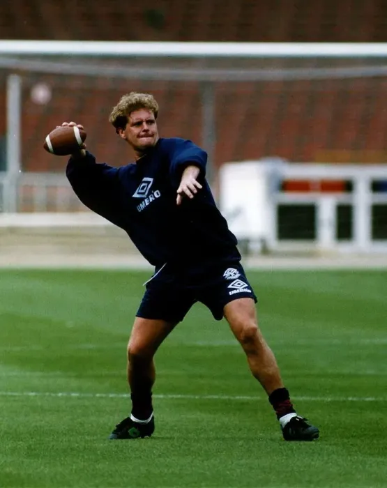 Framed Print : Paul Gascoigne Footballer Throws A Rugby Ball During Training Dbase Framed Print : Paul Gascoigne Footballer Throws A Rugby Ball During Training Dbase