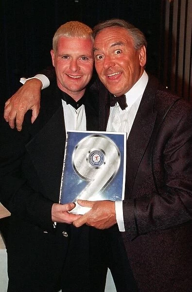 Paul Gascoigne Gazza Rangers FC and Bob Monkhouse check out the Nine in a Row book