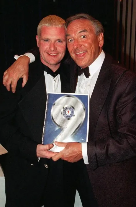 Framed Print : Paul Gascoigne Gazza Rangers FC and Bob Monkhouse check out the Nine in a Row book