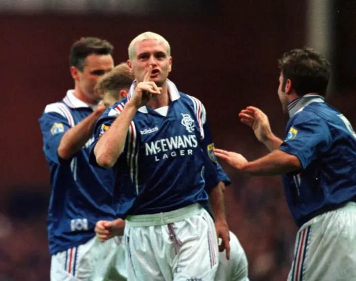Framed Print : Paul Gascoigne of Rangers Football Club holds his finger up to his mouth during Framed Print : Paul Gascoigne of Rangers Football Club holds his finger up to his mouth during