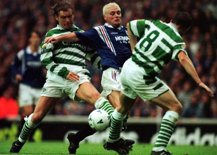 Framed Print : Paul Gascoigne of Rangers is tackled by Peter Grant of Celtic in the Scottish Premier Framed Print : Paul Gascoigne of Rangers is tackled by Peter Grant of Celtic in the Scottish Premier