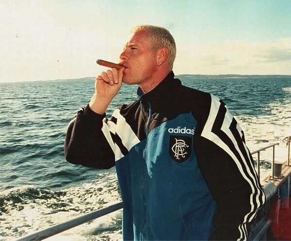 Paul Gascoigne Rangers tour of Denmark takes a Break to enjoy a cigar on a fishing trip