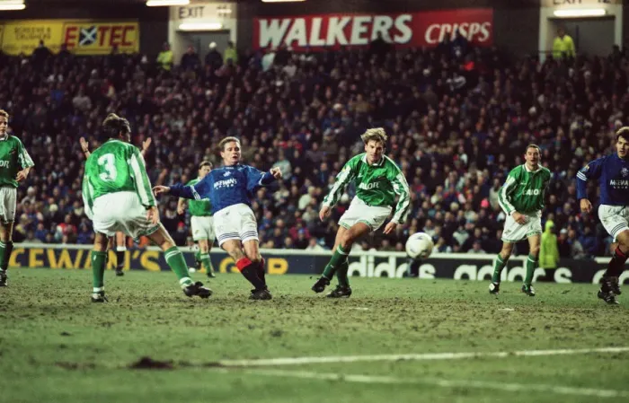 Framed Print : Paul Gascoigne scoring Rangers fourth goal against Hibernian as they go on to win