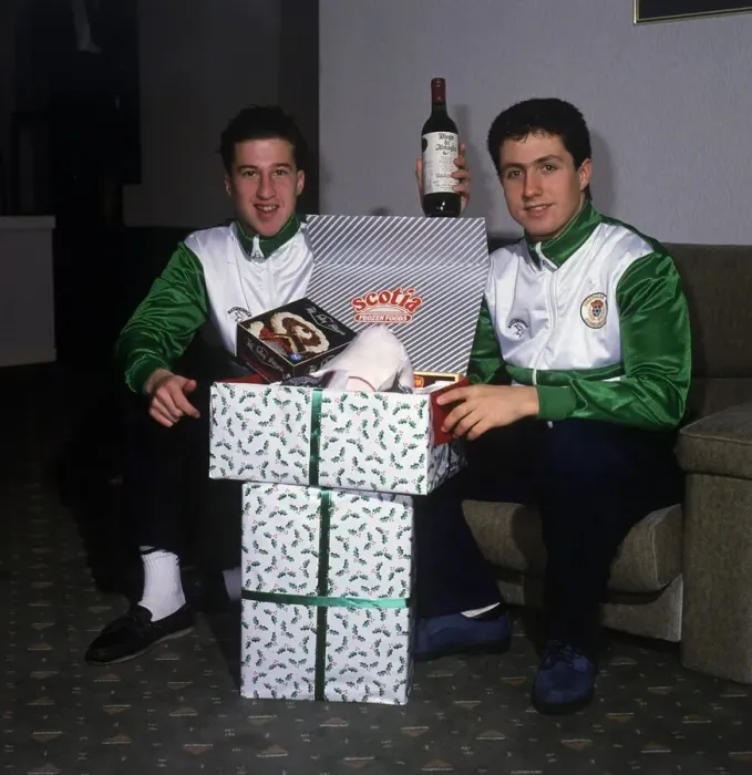 Framed Print : Paul Kane & John Collins with presents December 1987 Framed Print : Paul Kane & John Collins with presents December 1987