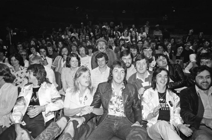 Framed Print : Paul and Linda McCartney and other members of the band Wings seen here at Madison Square