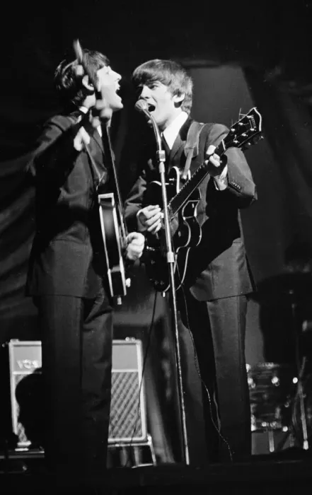 Framed Print : Paul McCartney and George Harrison of The Beatles performing on stage in Carlisle Framed Print : Paul McCartney and George Harrison of The Beatles performing on stage in Carlisle