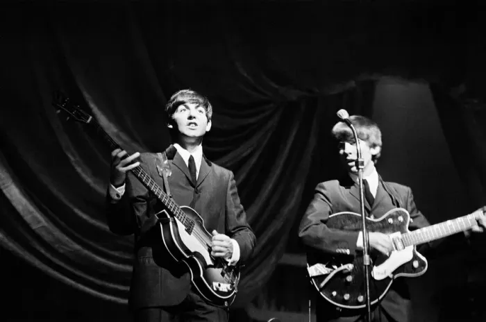 Framed Print : Paul McCartney and George Harrison of The Beatles performing on stage in Carlisle Framed Print : Paul McCartney and George Harrison of The Beatles performing on stage in Carlisle
