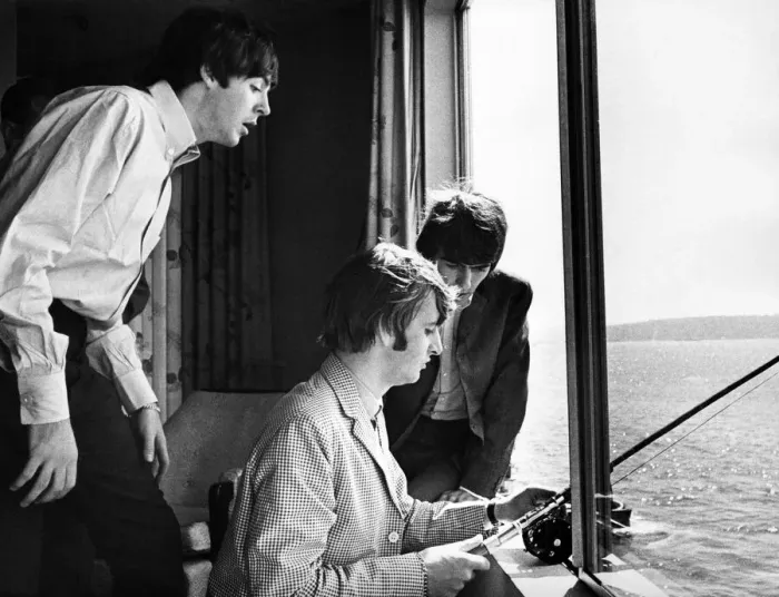 Framed Print : Paul McCartney, George Harrison and Ringo Starr fishing in Puget Sound from their hotel Framed Print : Paul McCartney, George Harrison and Ringo Starr fishing in Puget Sound from their hotel