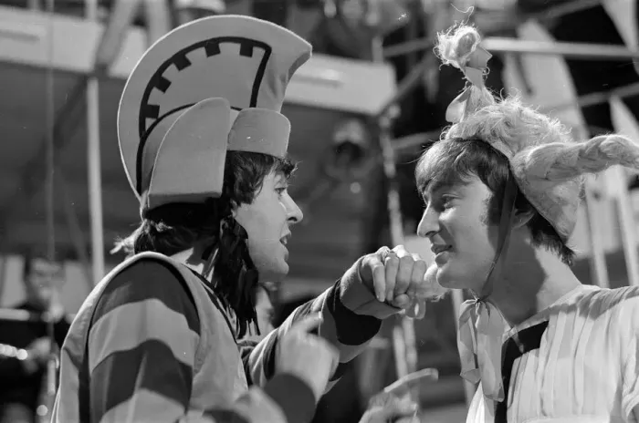 Framed Print : Paul McCartney and John Lennon from The Beatles rehearsing for the filming of Framed Print : Paul McCartney and John Lennon from The Beatles rehearsing for the filming of