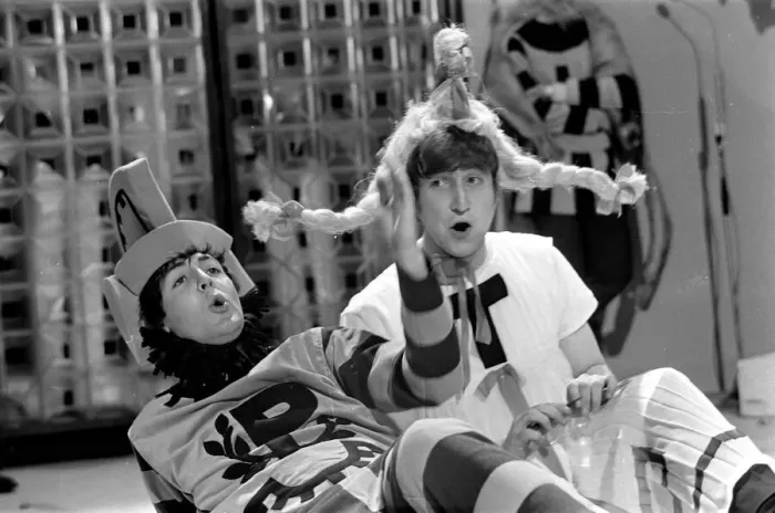 Framed Print : Paul McCartney and John Lennon from The Beatles rehearsing for the filming of Framed Print : Paul McCartney and John Lennon from The Beatles rehearsing for the filming of