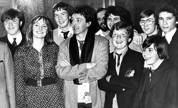 Paul McCartney with pupils and staff from his old school, Liverpool Institute