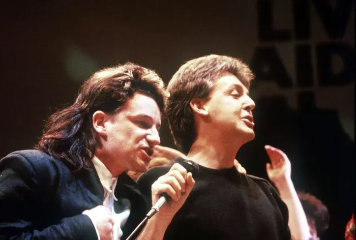 Framed Print : Paul McCartney singer musician and Bono of U2 at the Live aid Concert Wembley Framed Print : Paul McCartney singer musician and Bono of U2 at the Live aid Concert Wembley