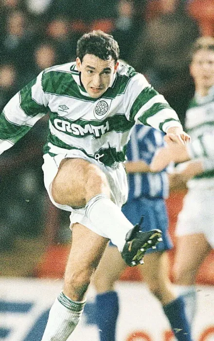 Framed Print : Paul McStay kicking ball Celtic strip Football Framed Print : Paul McStay kicking ball Celtic strip Football