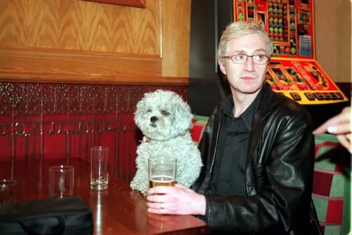 Framed Print : Paul O Grady aka Lily Savage with dog May 1999 drinking pint of lager in Griffin pub
