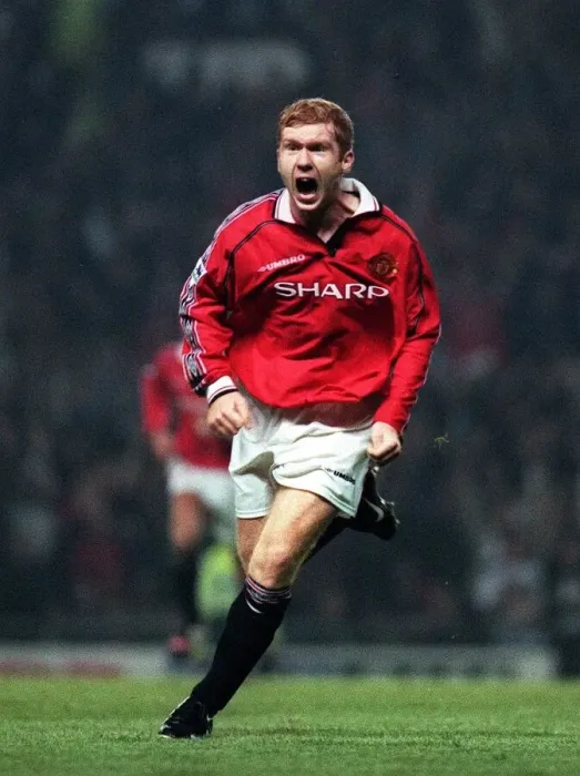 Framed Print : Paul Scholes football player for Manchester United sep 1998 celebrates after