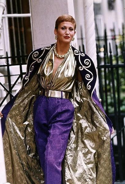 Paula Hamilton model modelling a purple and gold brocate evening coat DBase