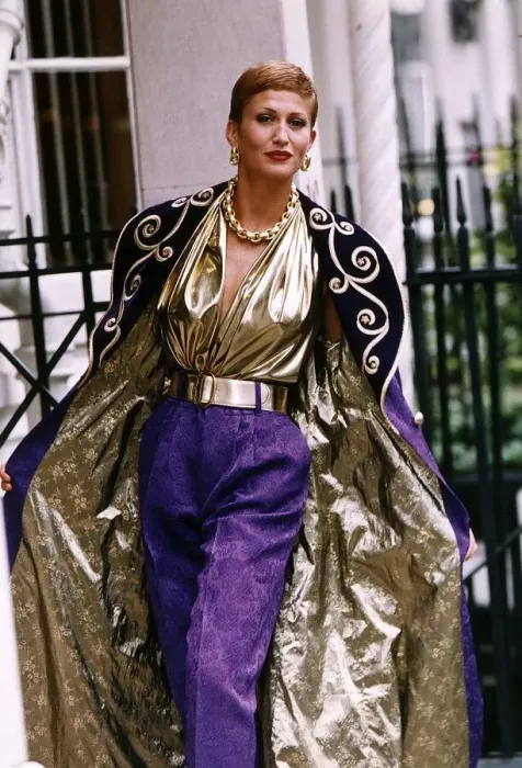 Framed Print : Paula Hamilton model modelling a purple and gold brocate evening coat DBase Framed Print : Paula Hamilton model modelling a purple and gold brocate evening coat DBase