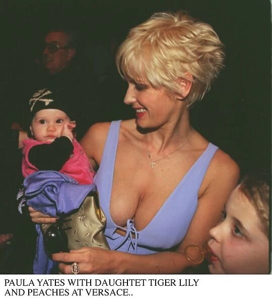 Paula Yates with daughters Heavenly Hiraani and Peaches at the Versace fashion show for