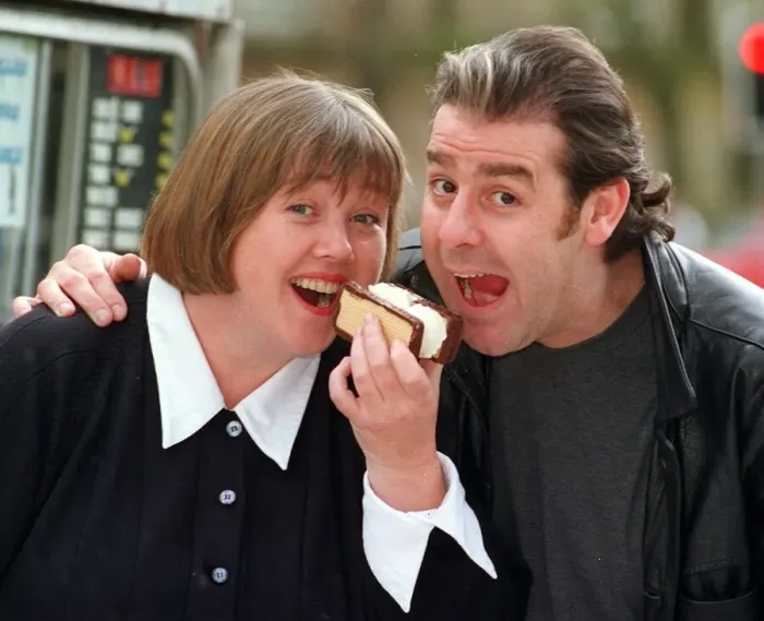 Framed Print : PAULINE QUIRKE AND ACTOR ANDY GRAY AT A BBC PHOTOCALL WITH A DOUBLE NOUGAT ICE CREAM Framed Print : PAULINE QUIRKE AND ACTOR ANDY GRAY AT A BBC PHOTOCALL WITH A DOUBLE NOUGAT ICE CREAM