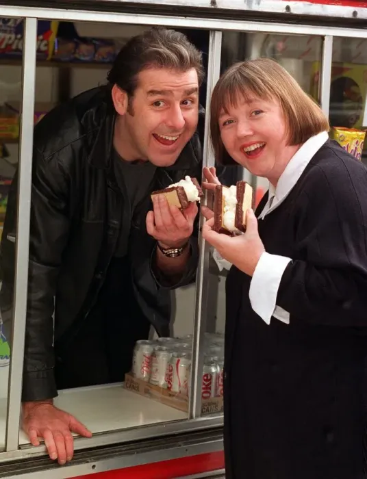 Framed Print : PAULINE QUIRKE AND ACTOR ANDY GRAY AT A BBC PHOTOCALL WITH A DOUBLE NOUGAT ICE CREAM Framed Print : PAULINE QUIRKE AND ACTOR ANDY GRAY AT A BBC PHOTOCALL WITH A DOUBLE NOUGAT ICE CREAM