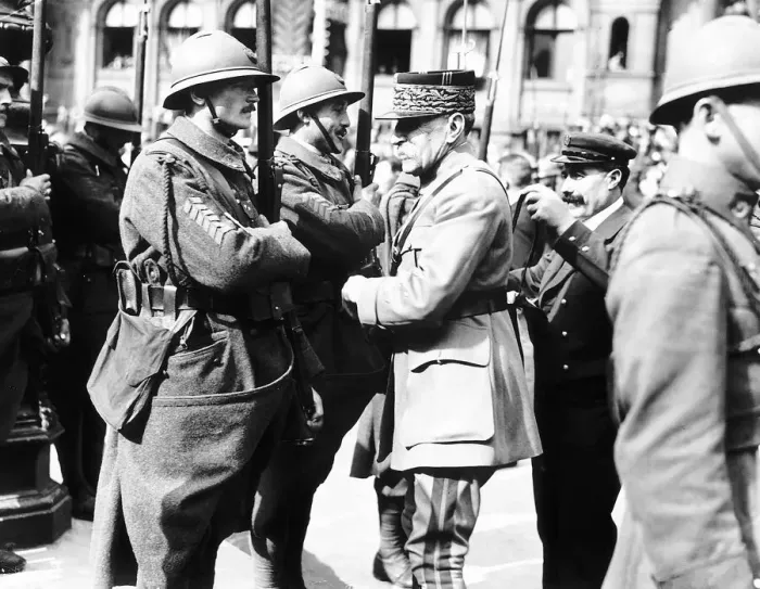 Framed Print : Peace Celebrations in Paris - Marshall Fock decorates a French soldier Framed Print : Peace Celebrations in Paris - Marshall Fock decorates a French soldier