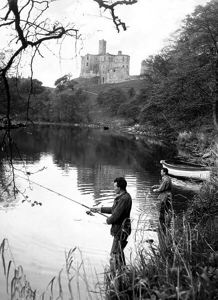 A peaceful scene as anglers try to lure the elusive salmon from the River Coquet below