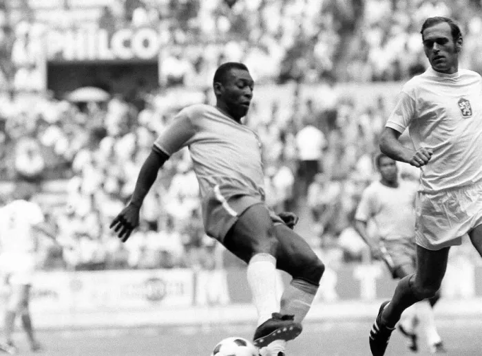 Framed Print : Pele of Brazil beats a Czechoslovakian defender June 1970 during the World Cup